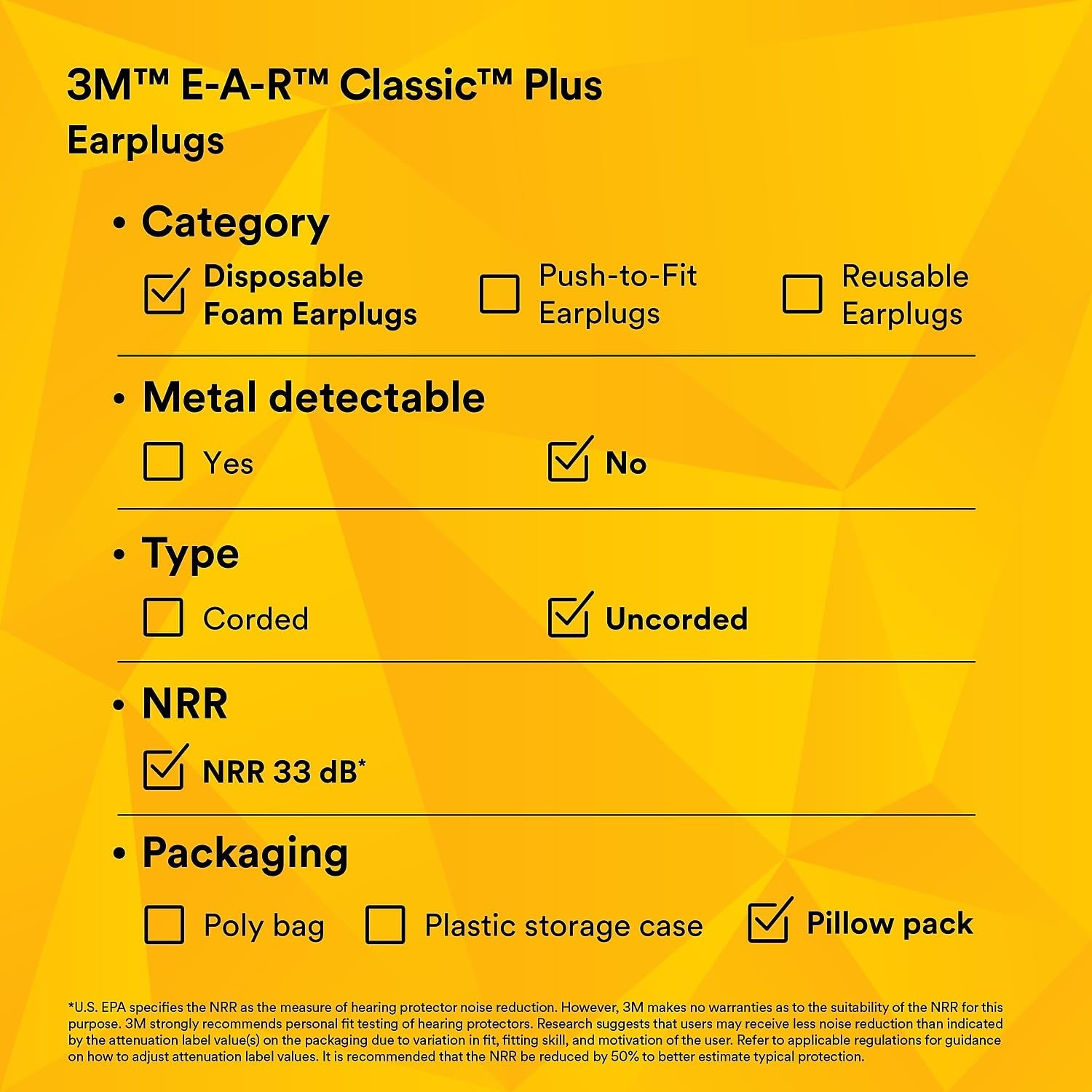 3M Ear Plugs, E-A-R Classic plus 310-1101, 200 Pair of Disposable Earplugs
