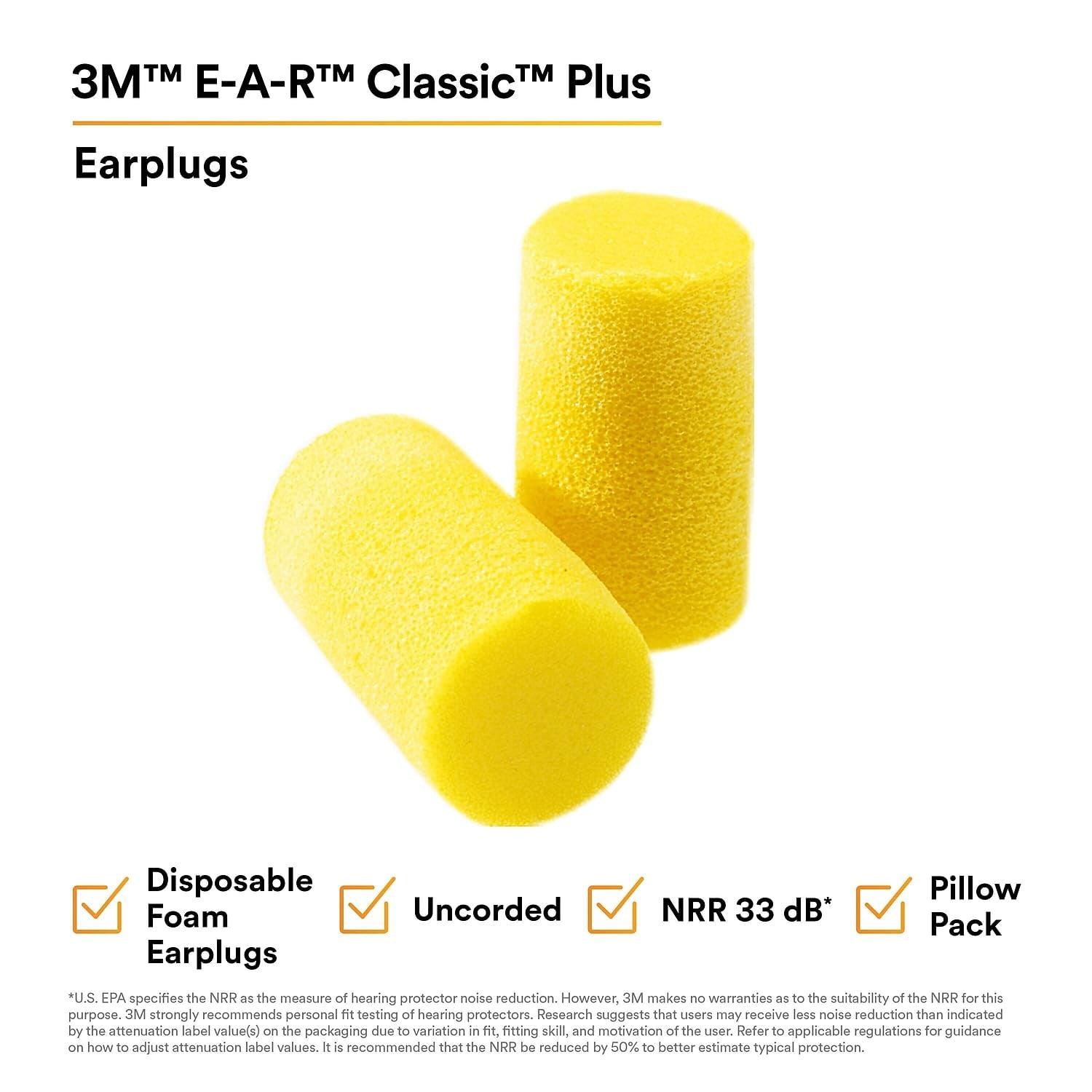 3M Ear Plugs, E-A-R Classic plus 310-1101, 200 Pair of Disposable Earplugs